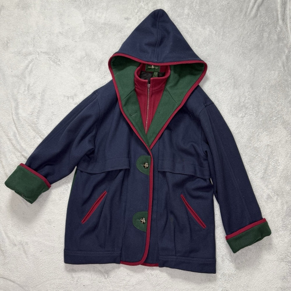 Vintage Hunt Club Women's Size 12 Wool Hooded Coat Navy Green Red 90s Preppy